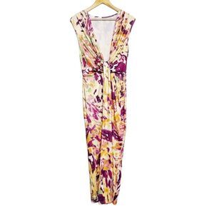Tie Dye Plunging Neckline Long Maxi Dress Yellow & Purple Size Medium